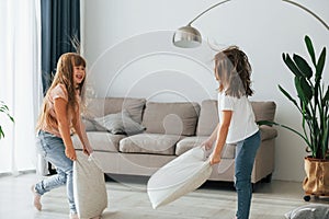 Pillow fight. Kids having fun in the domestic room at daytime together