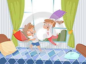 Pillow game. Kids in children room jumping on bed pyjama party funny playful characters with pillows vector background