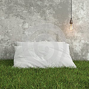 Pillow on green grass. 3d render. mock-up