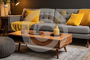 pillow home interior cushion yellow decor sofa modern house table grey. Generative AI.