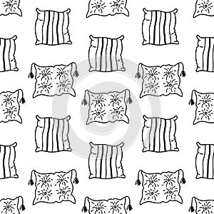 Pillow seamless vector pattern. Black and white bedroom accessories with tassels, folds, stripes. Home cushion for bed