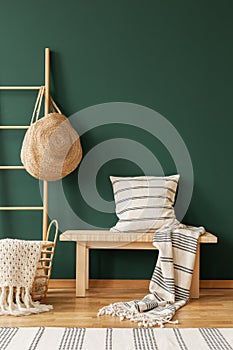 Pillow on wooden stool next to bag in green living room interior with rug. Real photo