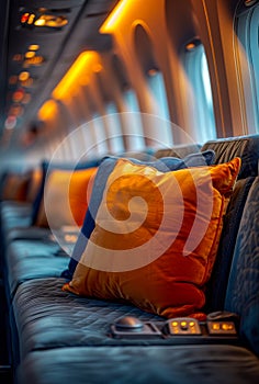 Pillows and blanket set on luxury jet airplane seat with the window illuminated by the sun at night