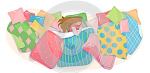 Pillows and blankets cover design, textile shop banner. Girl sleeping in cozy bed linen concept. Bedding set template