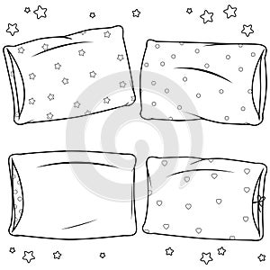 Pillows collection. Set of comfortable pillows for sleep. Vector black and white coloring page.