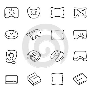 Pillows, cushions different shaped assortment thin line icons set isolated on white.