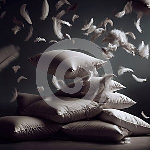 Pillows and feathers floating on the shore