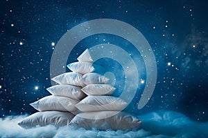 Pillows Form A Pyramid Against A Starlit Backdrop, Symbolizing Restful Sleep