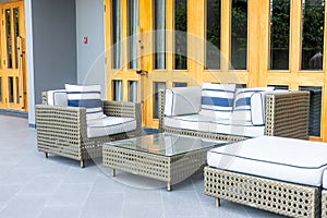 pillows with outdoor patio deck and sofa