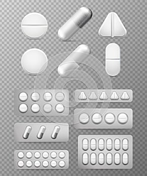 Pills 3d set. White tablet, drug and pill. Medicine close-up capsules isolated. Aspirin painkiller paracetamol drugs