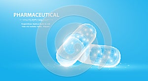 Pills. Abstract 3d polygonal wireframe two capsule pills on blue background with dots and stars