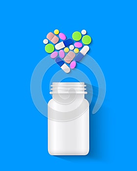 Pills arranged in heart shape with pill bottle