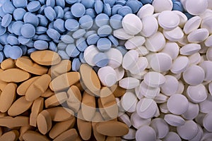 Pills background. Drugs, painkillers, colds and other medicines close-up