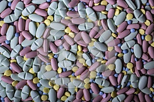 Pills background. Drugs, painkillers, colds and other medicines closeup