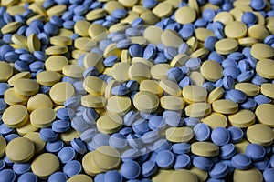 Pills background. Drugs, painkillers, colds and other medicines macro