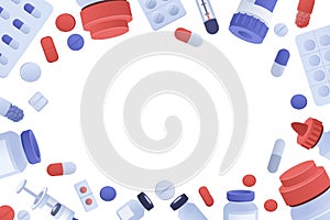 Pills background. Medical pharmacy banner with tablets and capsules. Antibiotics drugs. Painkillers and vitamins