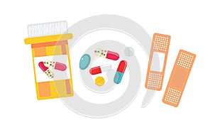Pills and bandage.