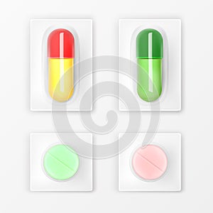 Pills blister pack, medicine tablets and capsules