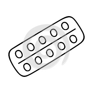 Pills blister pack vector icon hand-drawn with black stroke isolated on white background. Doodle logo of medical tablet