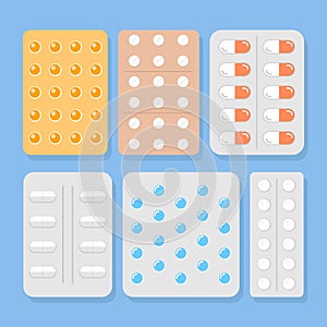 Pills blisters. Cartoon illness capsules vector illustration, aspirin tablet and antibiotic pill, painkiller drugs and