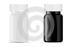 Pills bottle. Black and white medical glass container