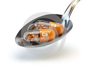 Pills with calcio calcium CA element in the spoon. Dietary suppl photo