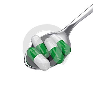 Pills capsule on spoon isolated on white background, 3D rendering