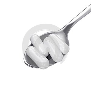 Pills capsule on spoon isolated on white background, 3D rendering