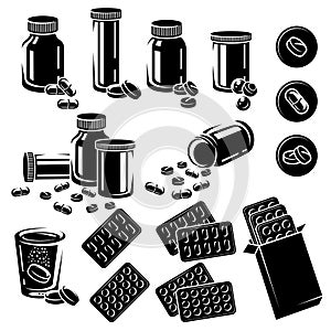 Pills and capsules elements set. Vectors