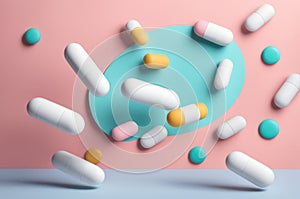 Pills and Capsules Floating on Pastel Background