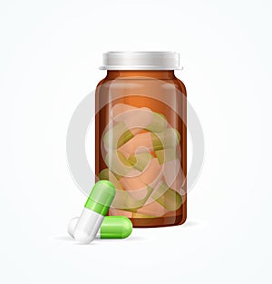 Pills Capsules in Medical Glass Bottle. Vector