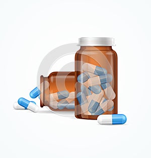 Pills Capsules in Medical Glass Bottle. Vector