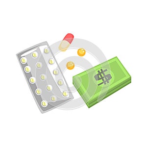 Pills, capsules of medicament and money. Colorful cartoon Illustration