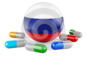 Pills capsules with Russian flag. 3D rendering