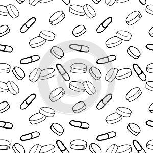 Pills and capsules seamless pattern background, wallpaper, paper. sketch hand drawn doodle. monochrome minimalism. medicine,