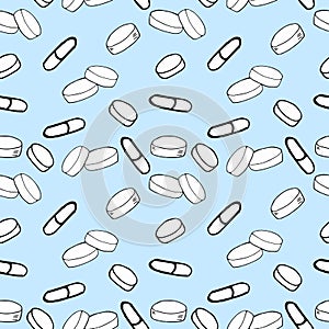 Pills and capsules seamless pattern background, wallpaper, paper. sketch hand drawn doodle. vector minimalism. medicine, health,