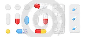 Pills, capsules and tablets set isolated on white background. Realistic drugs and medicines. Drugs, cure and remedy icons or logo