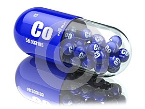 Pills with cobalt Co element Dietary supplements. Vitamin capsules.