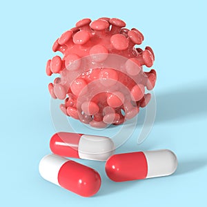 Pills for coronavirus. Covid-19 therapy. Pharmacy for virus. Ncov research. 3d render photo