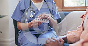 Pills, discussion and hands of nurse with patient for medical treatment or medicine at nursing center. Healthcare