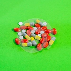 Pills, drugs on colorful background. Healthcare concept, Shallow depth of field, soft focus