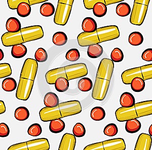 Pills drugs pattern. Simple repetition vitamin medical background, chemical capsule medication design. Seamless tablets decoration