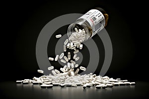 Pills falling out of a bottle on floor with black background, White medical pills and tablets spilling out of a drug bottle