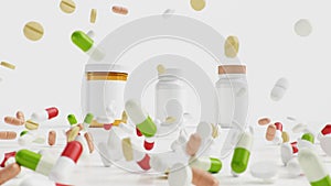 Pills on the floor with jars, different colored tablets, capsules. Health care concept. Antibiotics inside pills