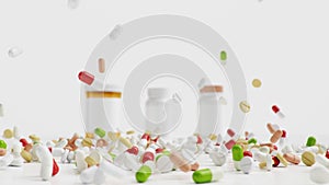 Pills on the floor with jars, different colored tablets, capsules. Health care concept. Antibiotics inside pills