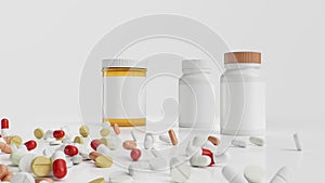 Pills on the floor with jars, different colored tablets, capsules. Health care concept. Antibiotics inside pills