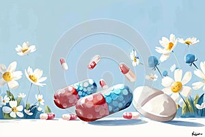 Pills and Flowers Painting on Blue Background. Generative AI