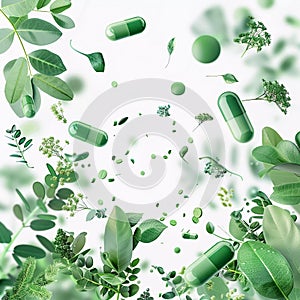Pills on the grass. Concept of useful natural supplements. A combination of nature and medicine