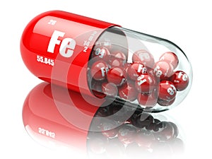 Pills with iron FE element Dietary supplements. Vitamin capsules photo