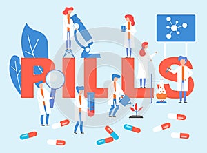 Pills laboratory with doctors group vector illustration. Doctors research on pharmacological drugs medications.